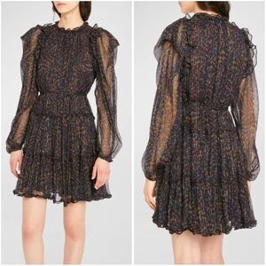 New Ulla Johnson Gaelle Puff Sleeve Printed Silk Chiffon Mini Dress Peri…